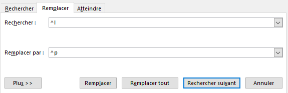 Boîte de dialogue Rechercher/Remplacer dans Word pour corriger les retours à la ligne forcés dans un manuscrit